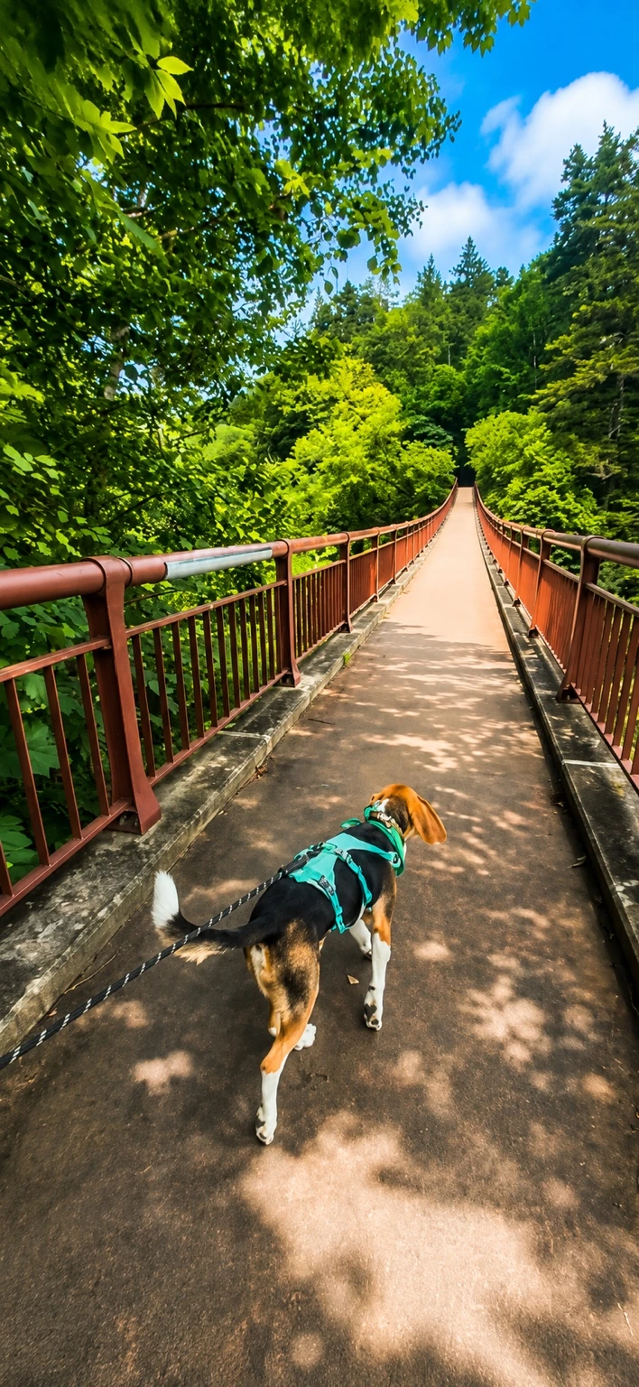 秋川渓谷の石舟橋を犬と歩いている様子