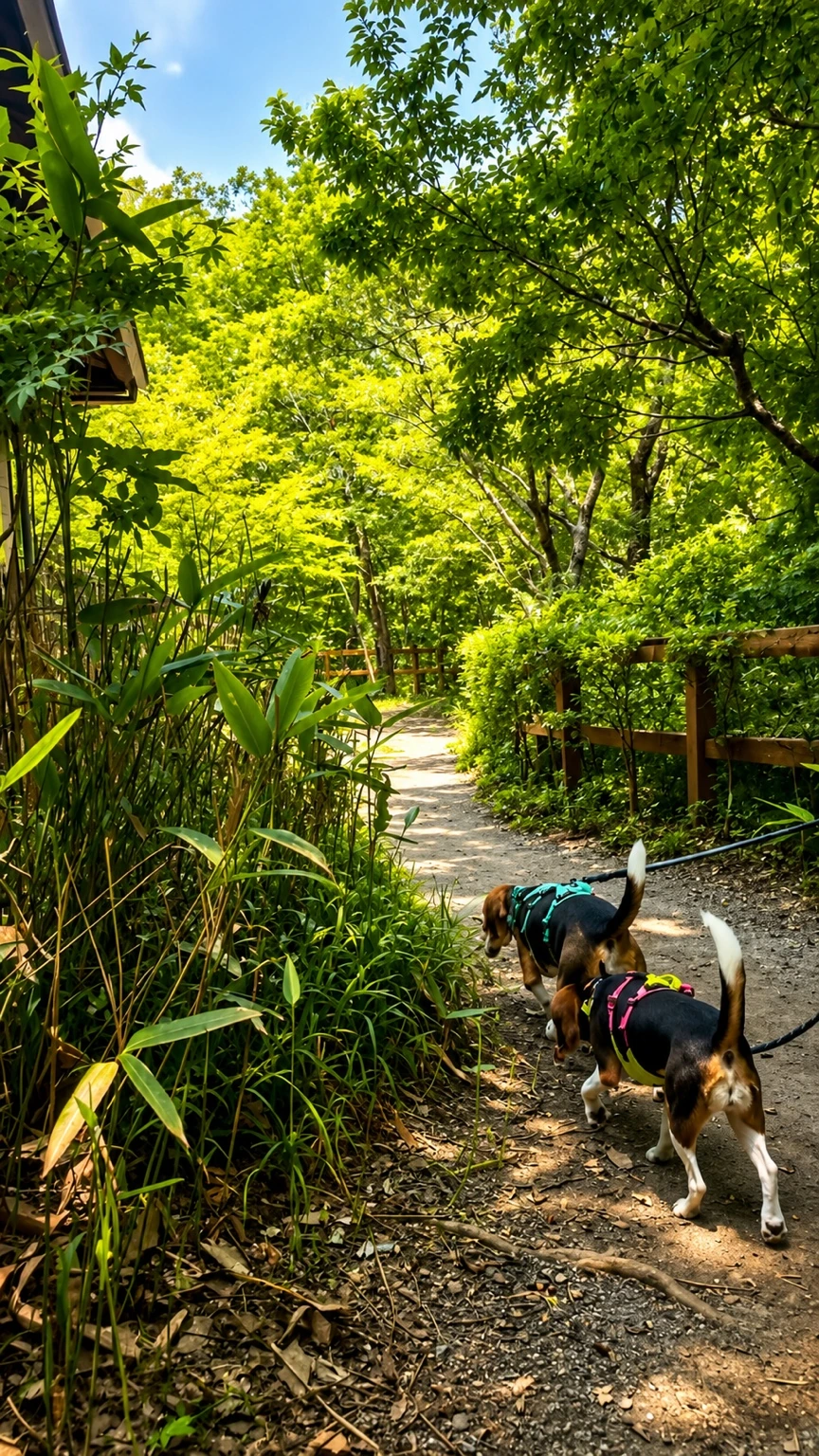 瀬音の湯近くの木々に囲まれた散策路を犬と歩く様子