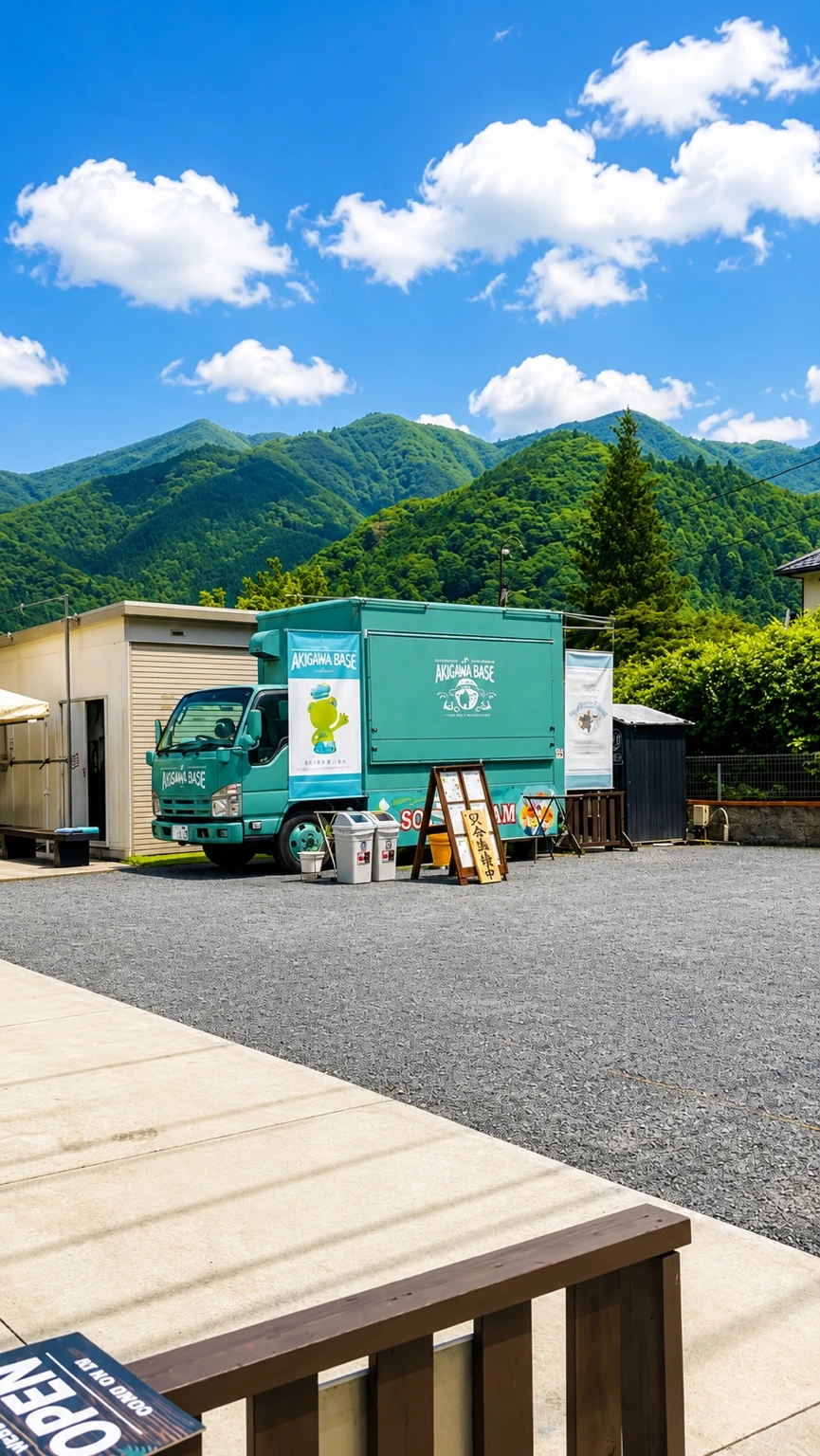 十里木近くにあるAKIGAWA BASEのキッチンカーと周辺風景