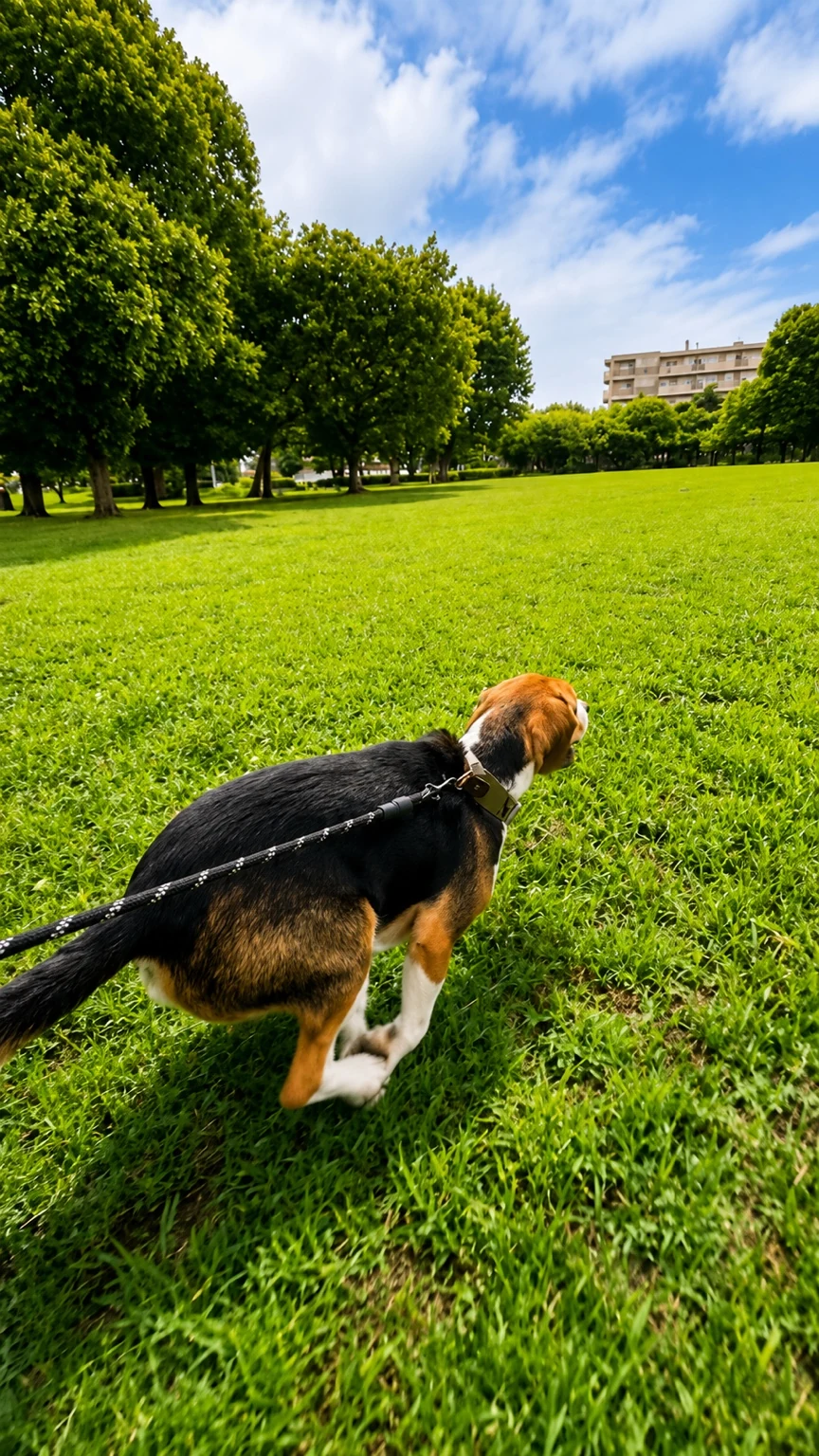 郷土の森公園の広々とした広場を犬と散歩している様子