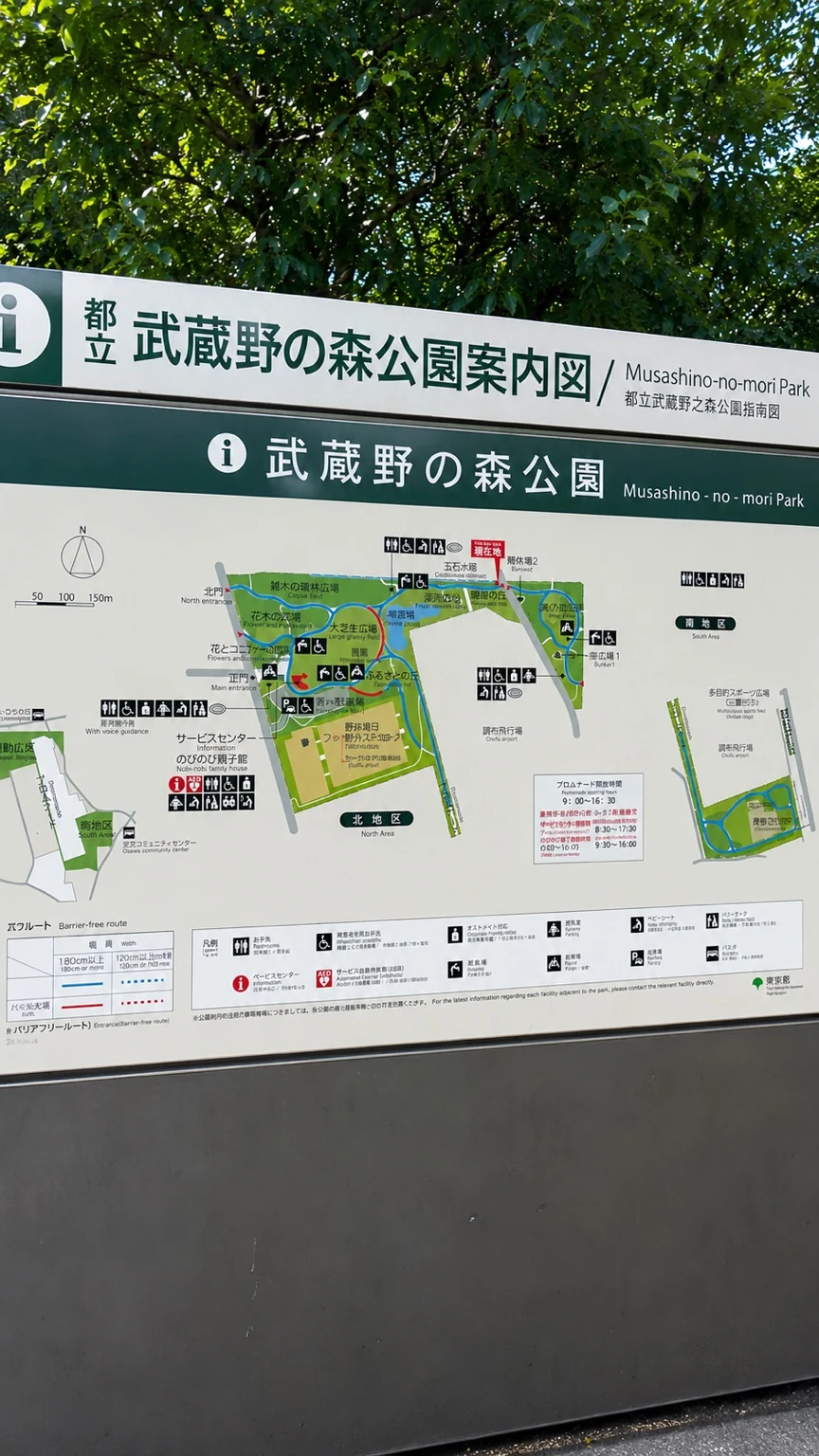 日差しが当たる武蔵野の森公園の開けた芝生広場