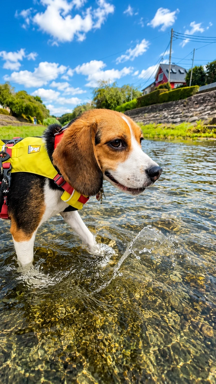 武蔵野公園を流れる野川の浅瀬でリードを付けて川遊びをする犬