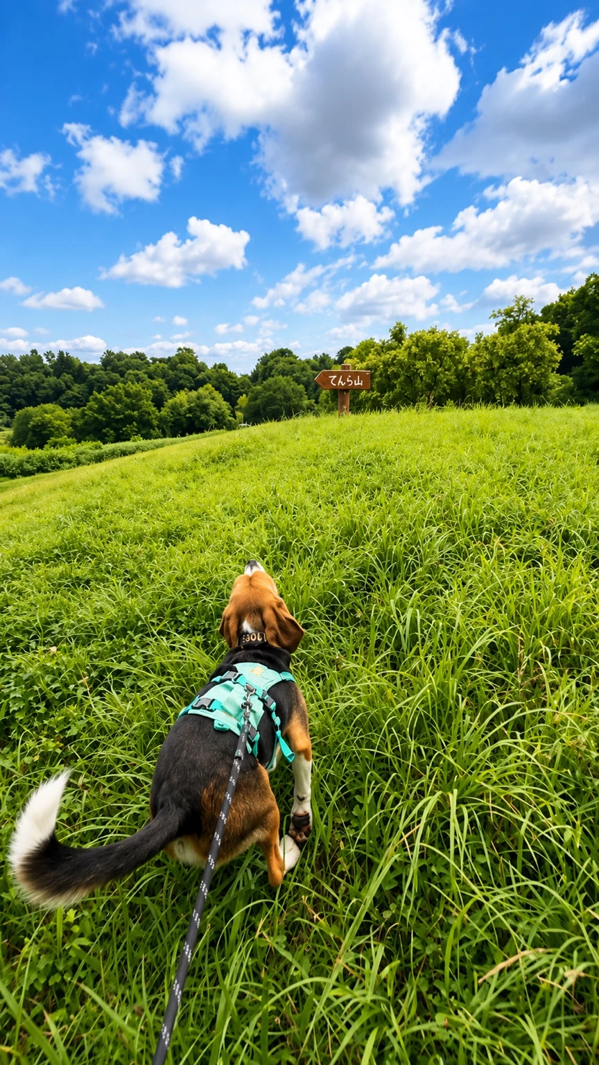 武蔵野公園のくじら山をリードを付けた犬が駆け上がる様子