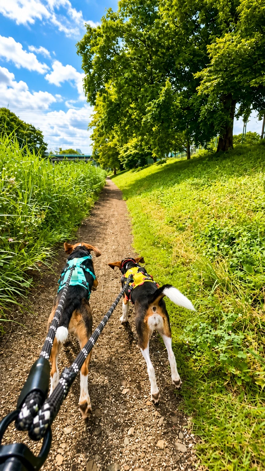 武蔵野公園の野川沿いをリードを付けた犬と一緒に走る様子