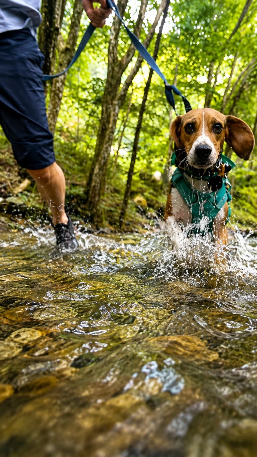 夕やけ小やけふれあいの里の川を泳ぐ犬