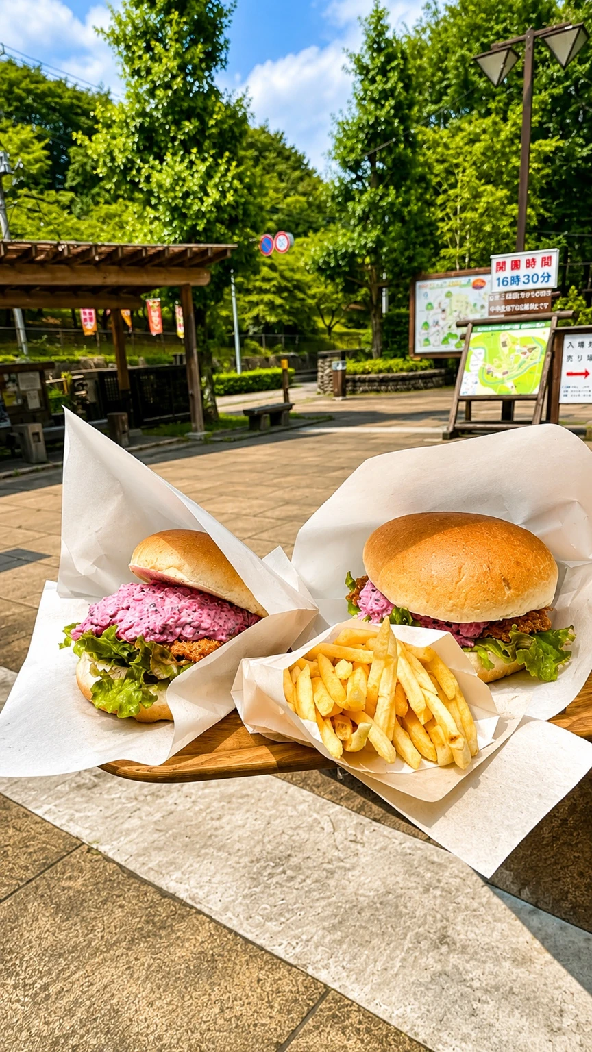 夕やけ小やけふれあいの里の屋外テラスで提供されたマスバーガー