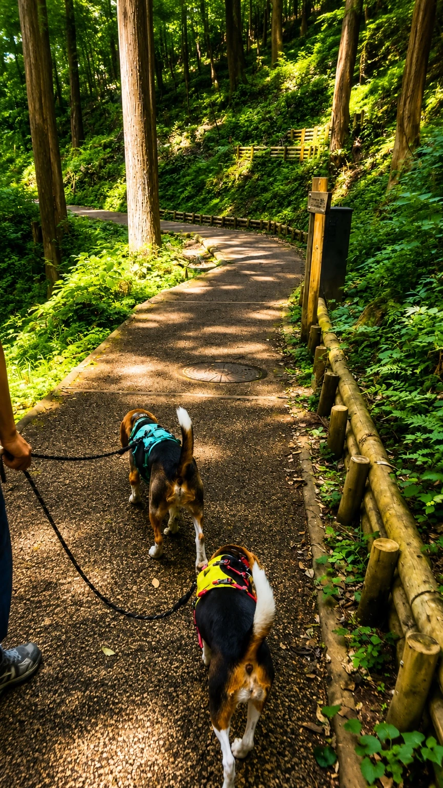 払沢の滝へ向かう遊歩道をリードを着けた犬が歩く様子