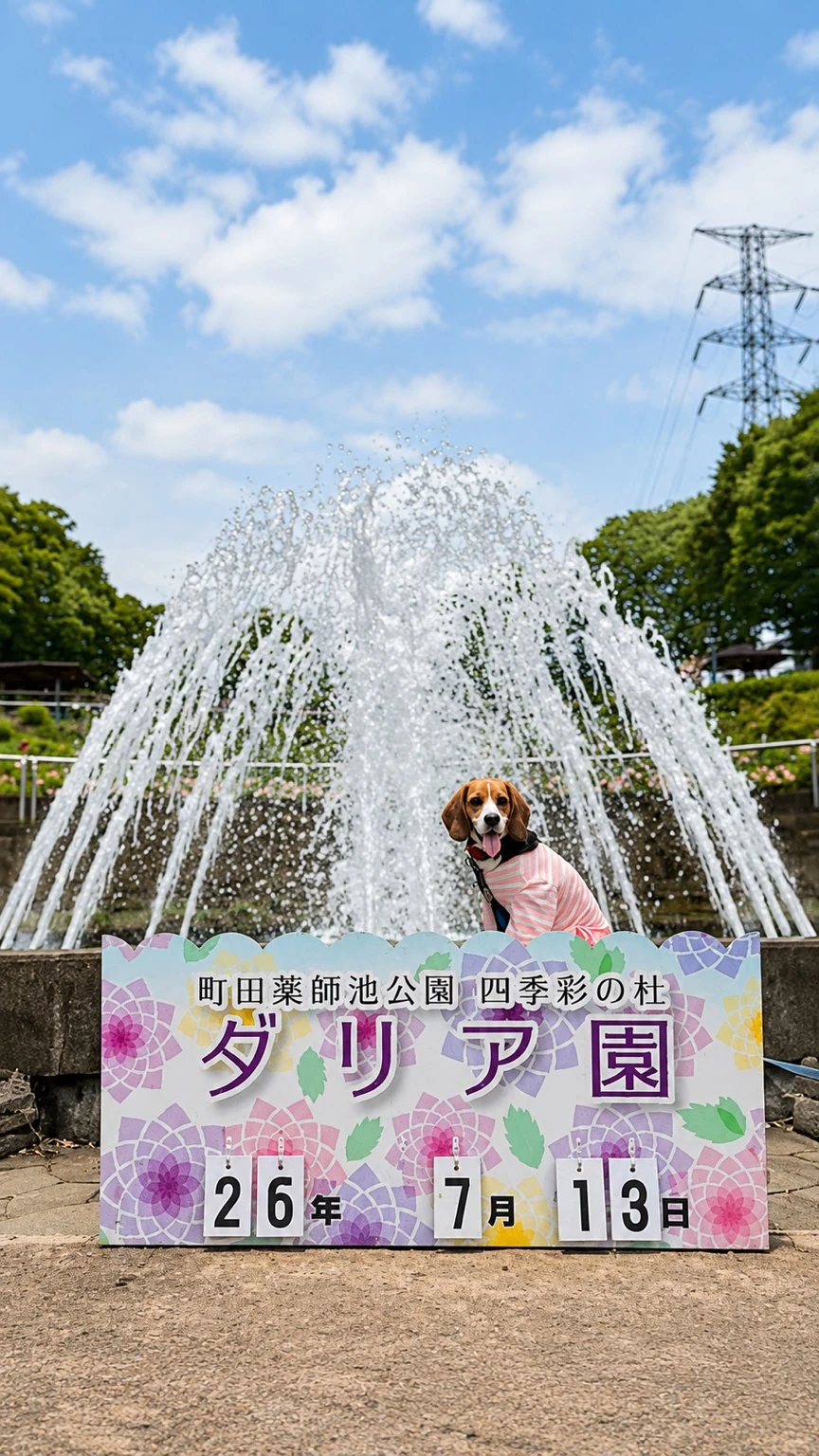 町田ダリア園の噴水前で記念撮影する犬
