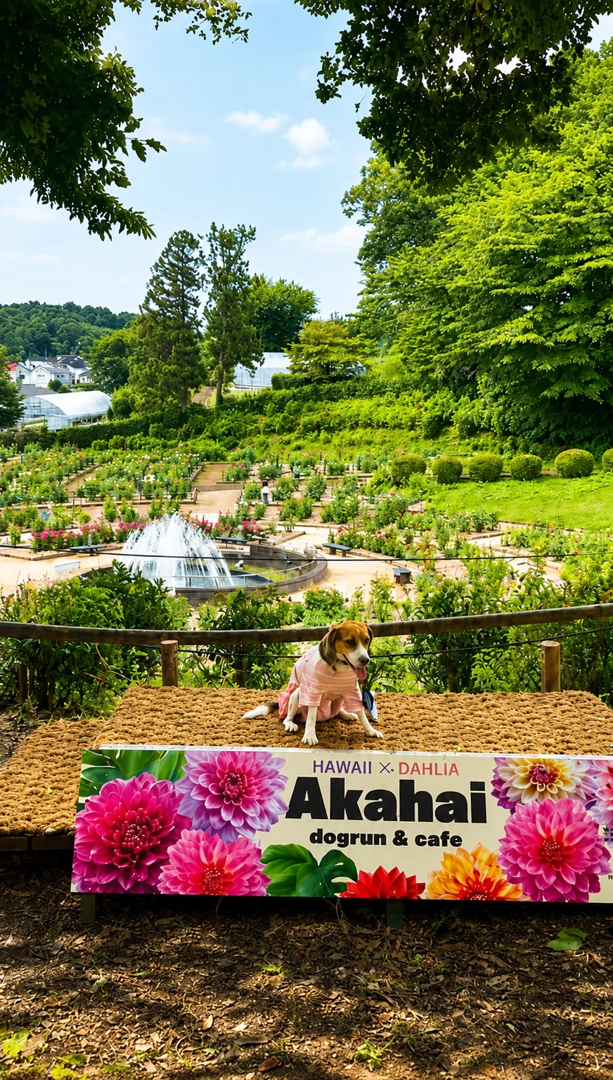 町田ダリア園を見渡せる展望スペースで記念撮影する犬