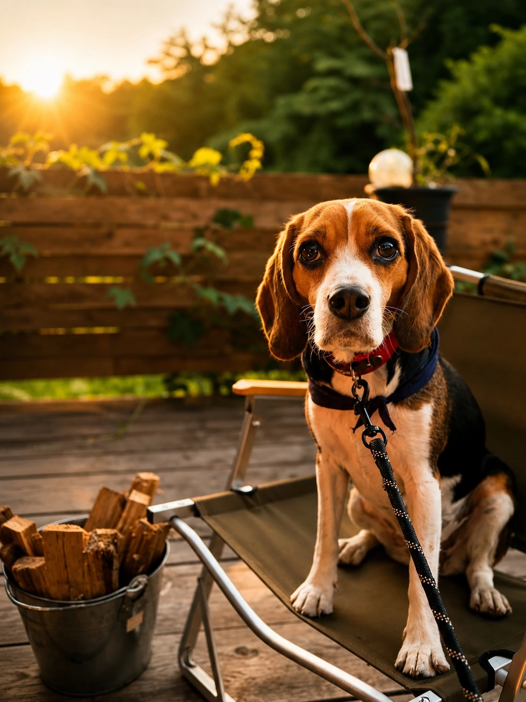 焚火カフェ山の客席で犬が飼い主と一緒に過ごしている様子