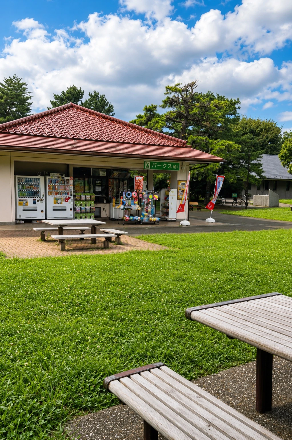 野川公園の売店と屋外に設けられた休憩場所